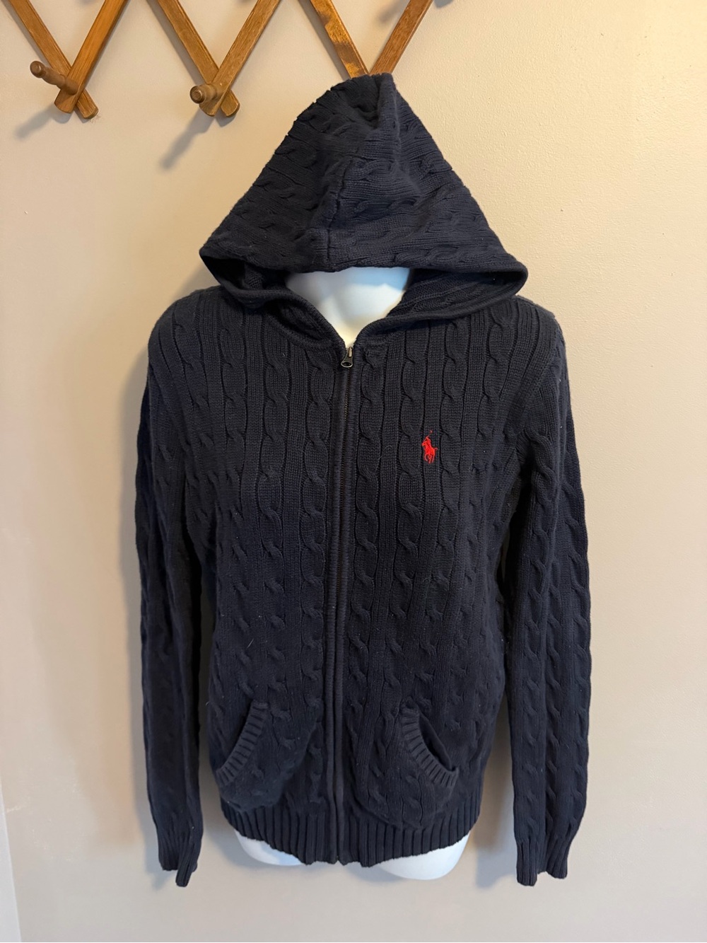 Ralph Lauren Navy Blue Cable Knit Full Zip Hoodie Sweater L
